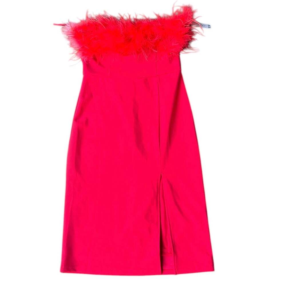 SHE + SKY Strapless Feather Trim Midi Dress with Slit, Size M